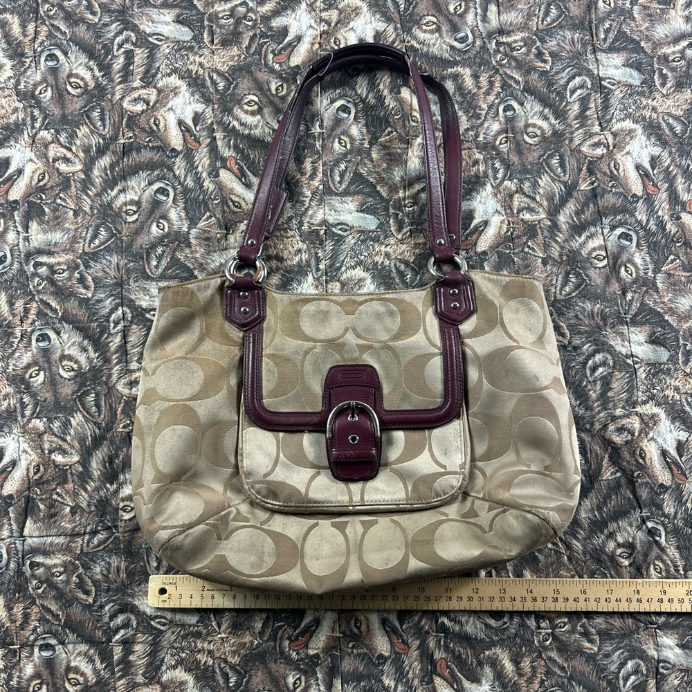 Coach Cambell Belle signature carryall Tan and Burgundy Shoulder Bag